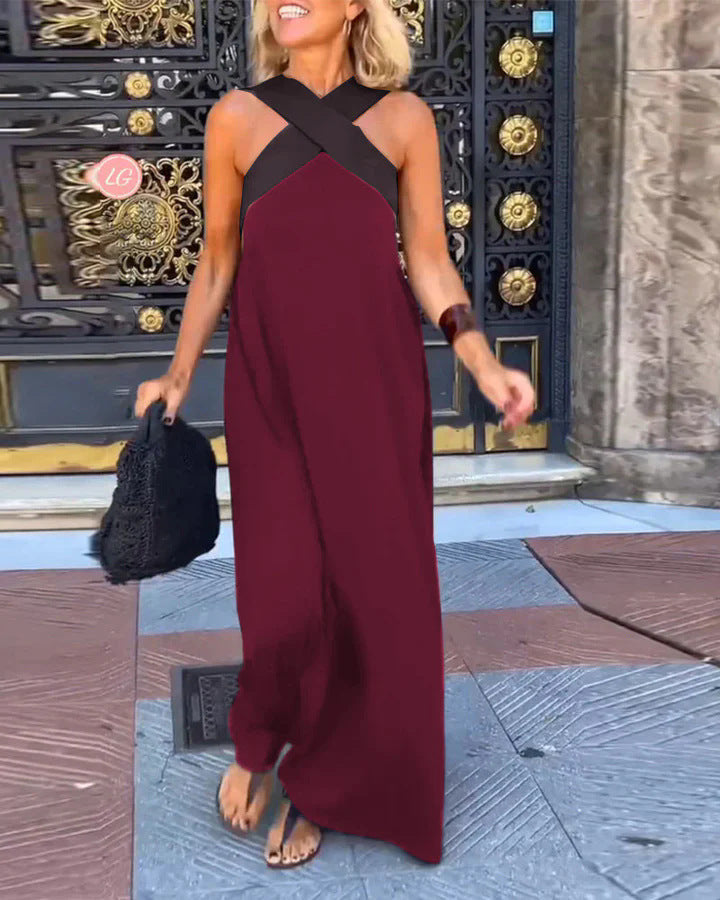 Maxi dress with crossed cut-out straps, sleeveless, burgundy