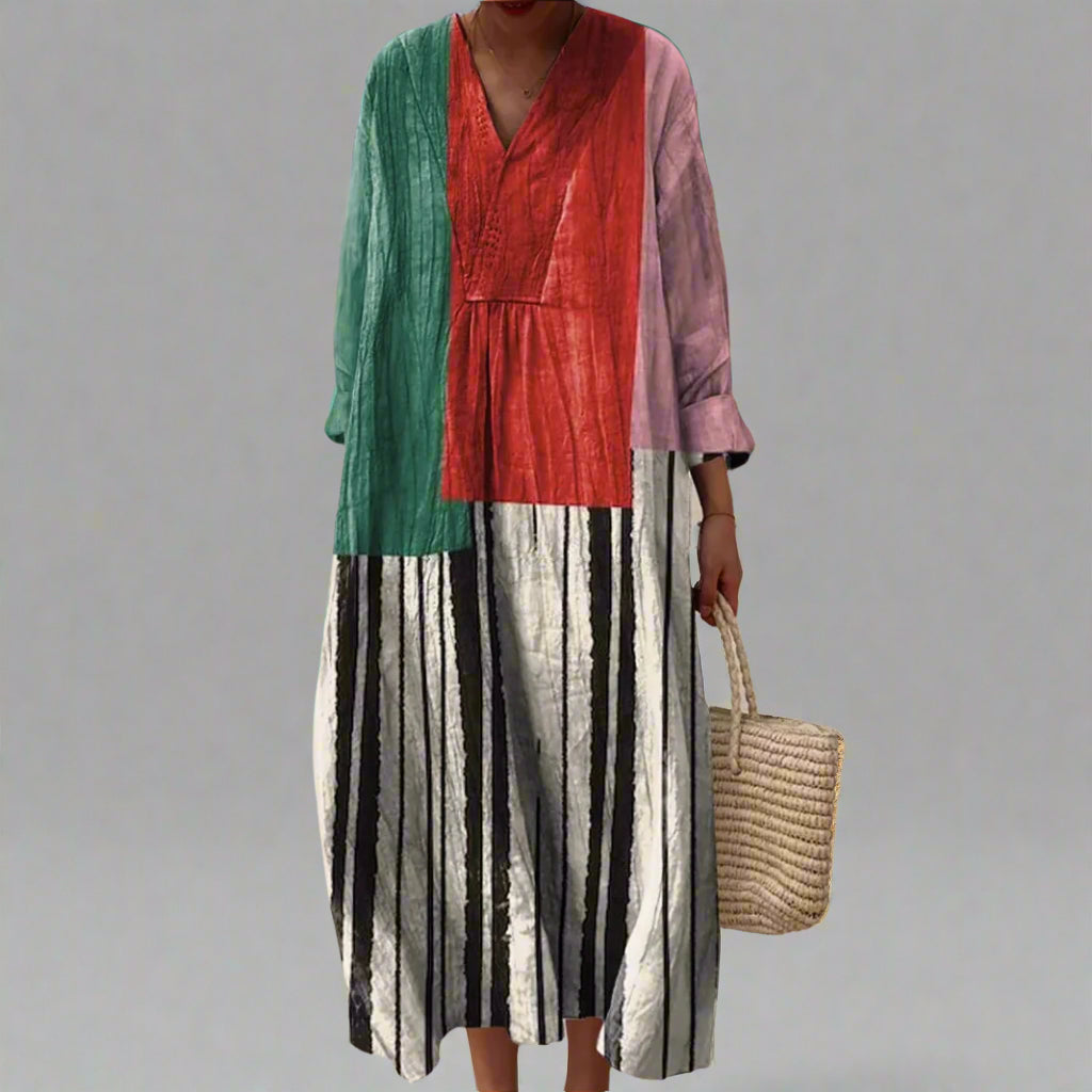 Geometric patchwork dress with V-neck, long sleeves, multicolor panels