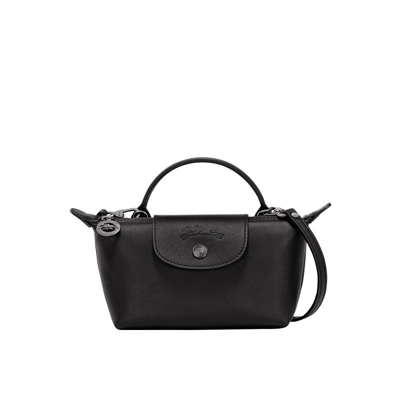 Longchamp mini leather bag in black, top handle and crossbody strap with front flap