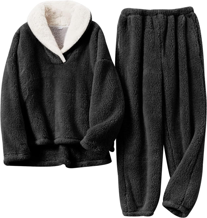 Plush cozy set in black: hooded pullover top with white sherpa trim and matching joggers