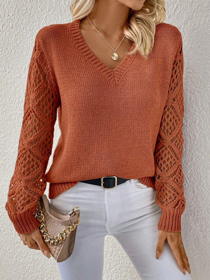 Caramel knit V-neck top with lace-pattern sleeves