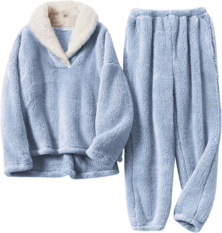 Plush cozy set in light blue: hooded pullover with sherpa-trim collar and matching joggers