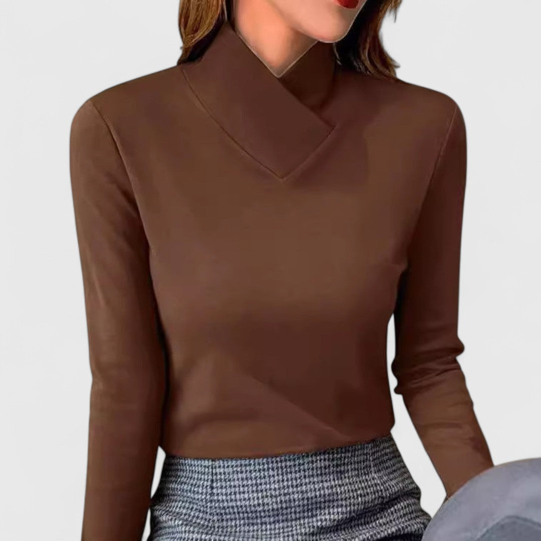 Brown long-sleeve asymmetrical collar top with V neckline