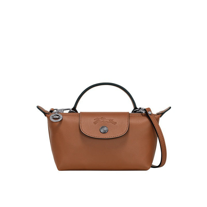 Longchamp mini leather tote bag, front flap and top handle with shoulder strap, brown