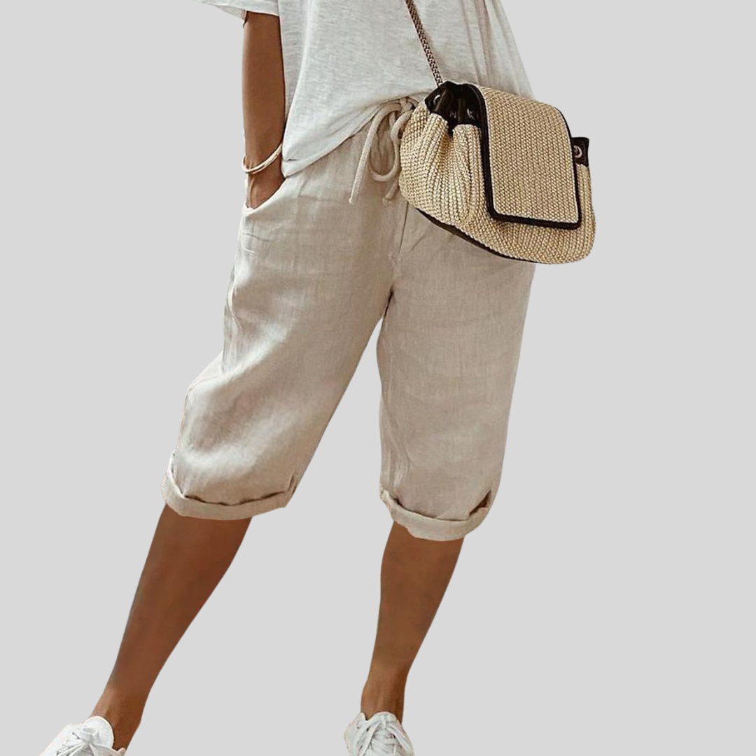 Carmen relaxed capri pants in beige linen look, drawstring waist, cuffed hems