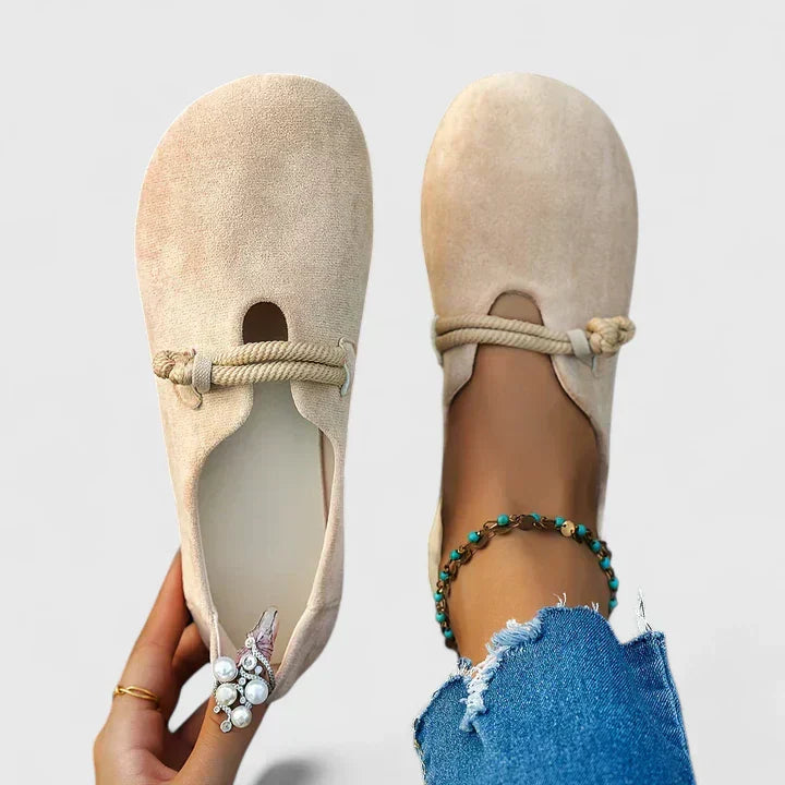 Women's beige comfort slip-on shoes with elastic lace-up detail
