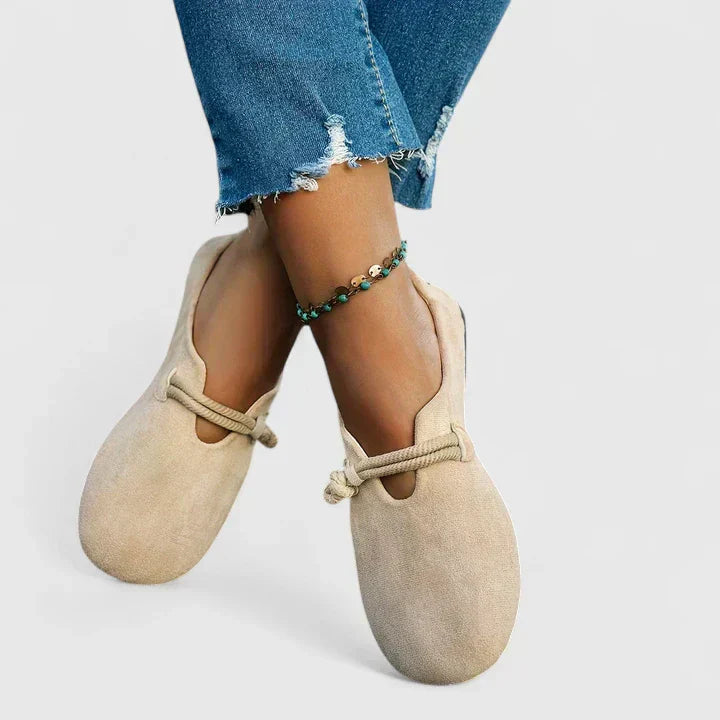 Women's beige slip-on shoes with lace tie vamp and rounded toe