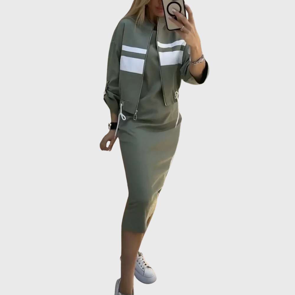 Green sporty dress set: zip hoodie with white stripes, matching midi skirt