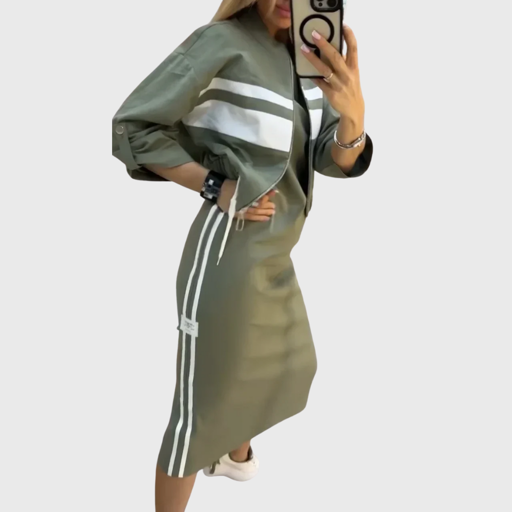 Green sporty dress set: zip hoodie and drawstring midi skirt with side stripes