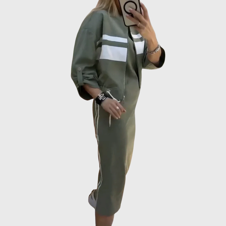 Green sporty dress set: zip hoodie with white stripe panel and drawstring midi skirt