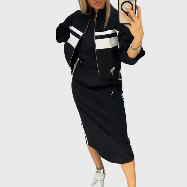 Black sporty dress set: zip hoodie with white stripes and matching midi skirt
