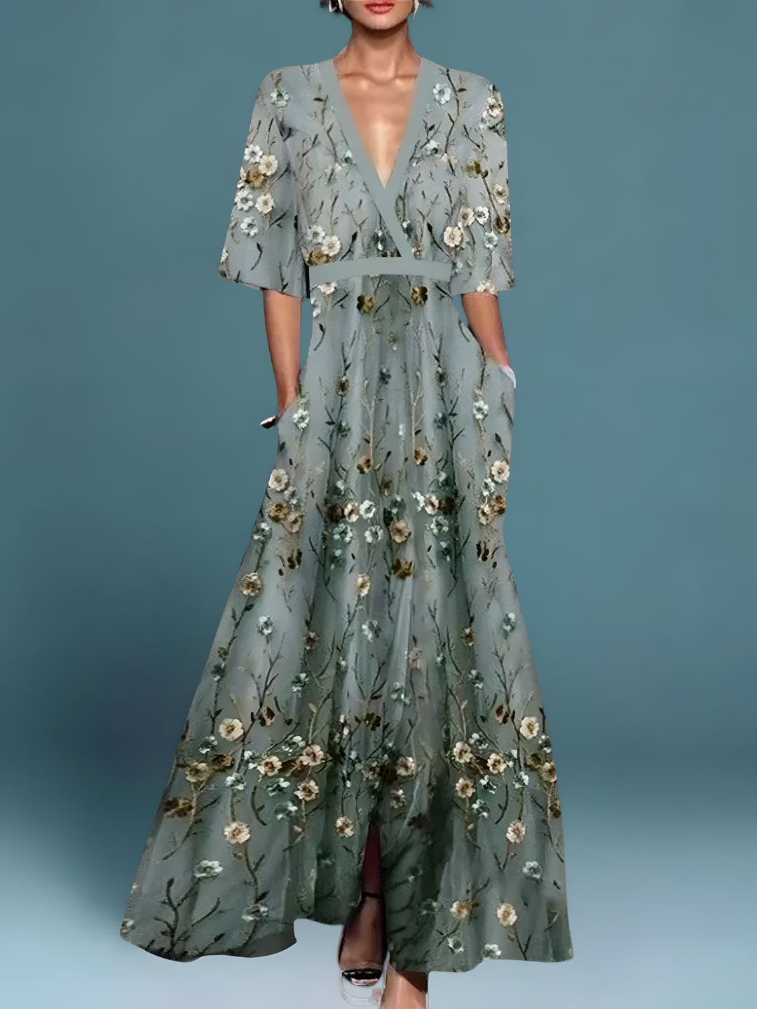 Elegant floral wrap dress, sage green with gold and cream flower prints, V-neck belt