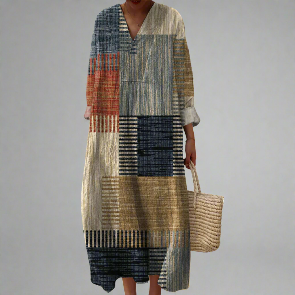 Geometric patchwork dress with V-neck and long sleeves, button-front, multicolor blocks