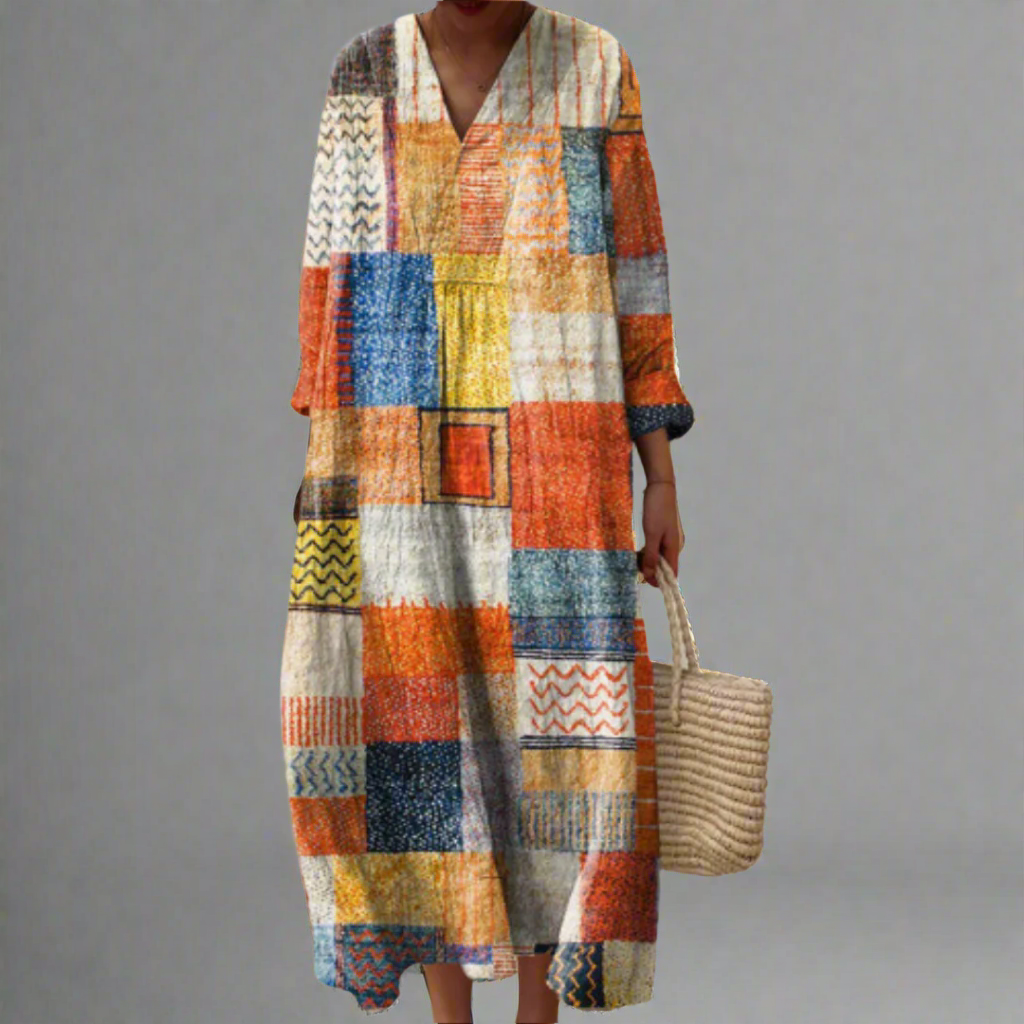 MIKAYLA patchwork geometric maxi dress with V-neck and long sleeves, multicolor blocks