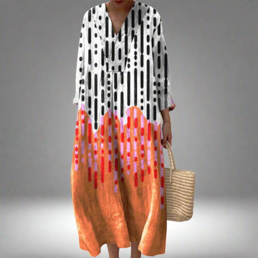 Geometric maxi dress with V-neck, 3/4 sleeves; white, black and orange abstract print