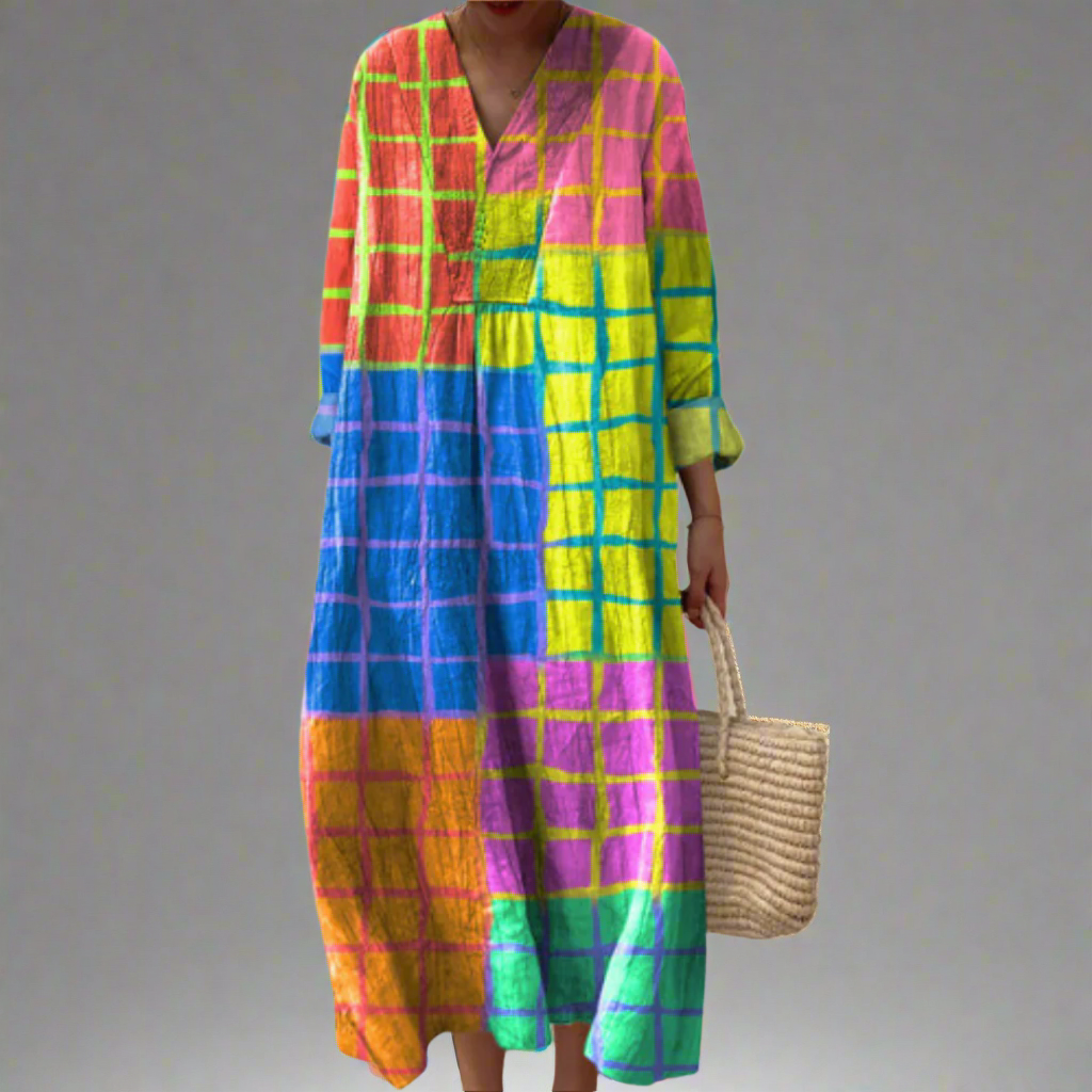 Women’s geometric plaid dress, long sleeves, V-neck, multicolor check pattern
