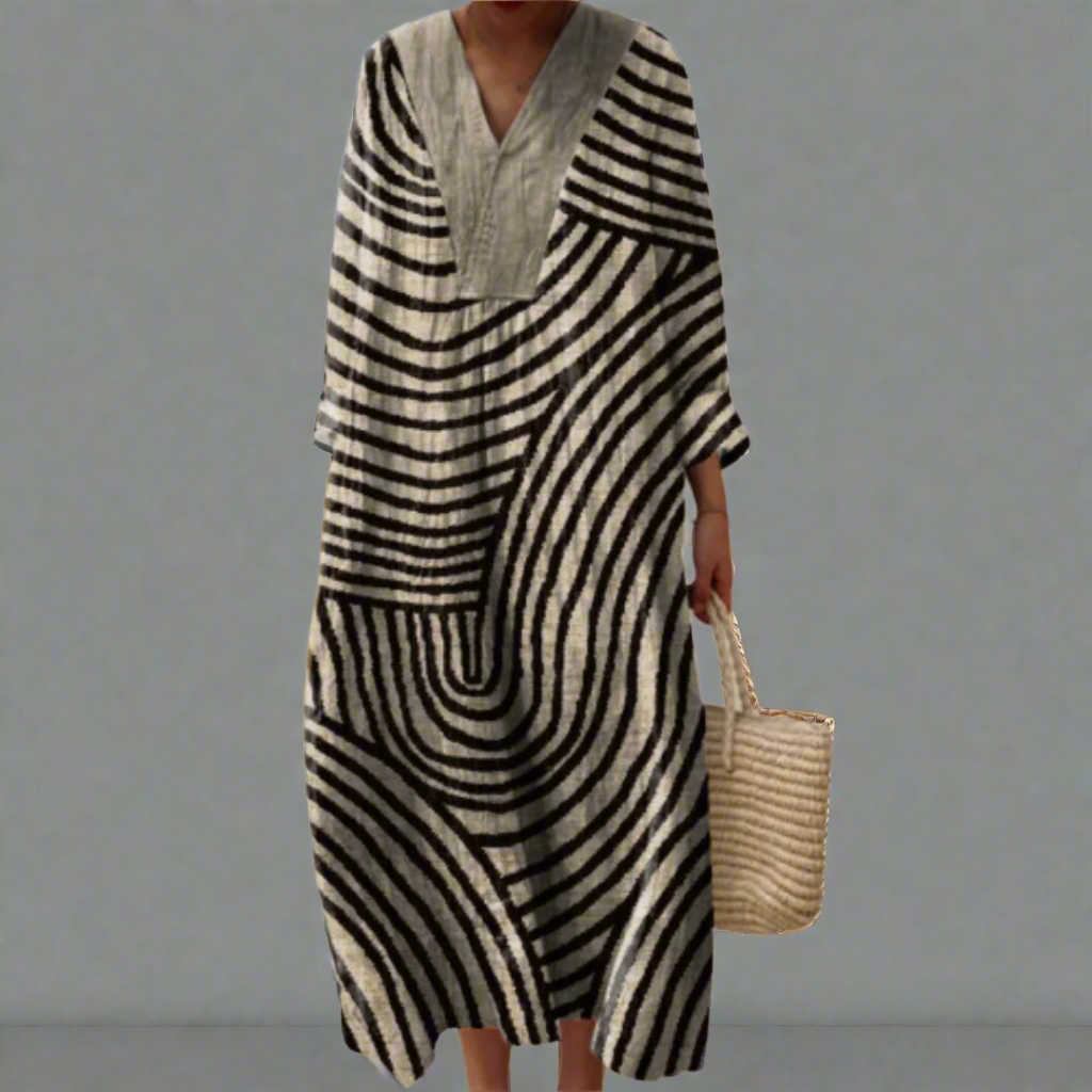 Geometric stripe knit dress with V-neck and long sleeves, black on cream, midi length
