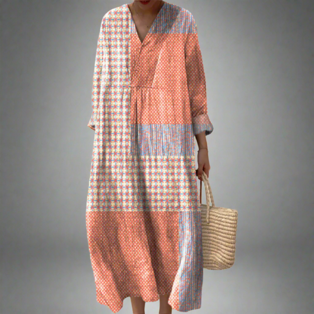 JORDYN geometric print midi dress with V-neck button front, long sleeves, tiered skirt