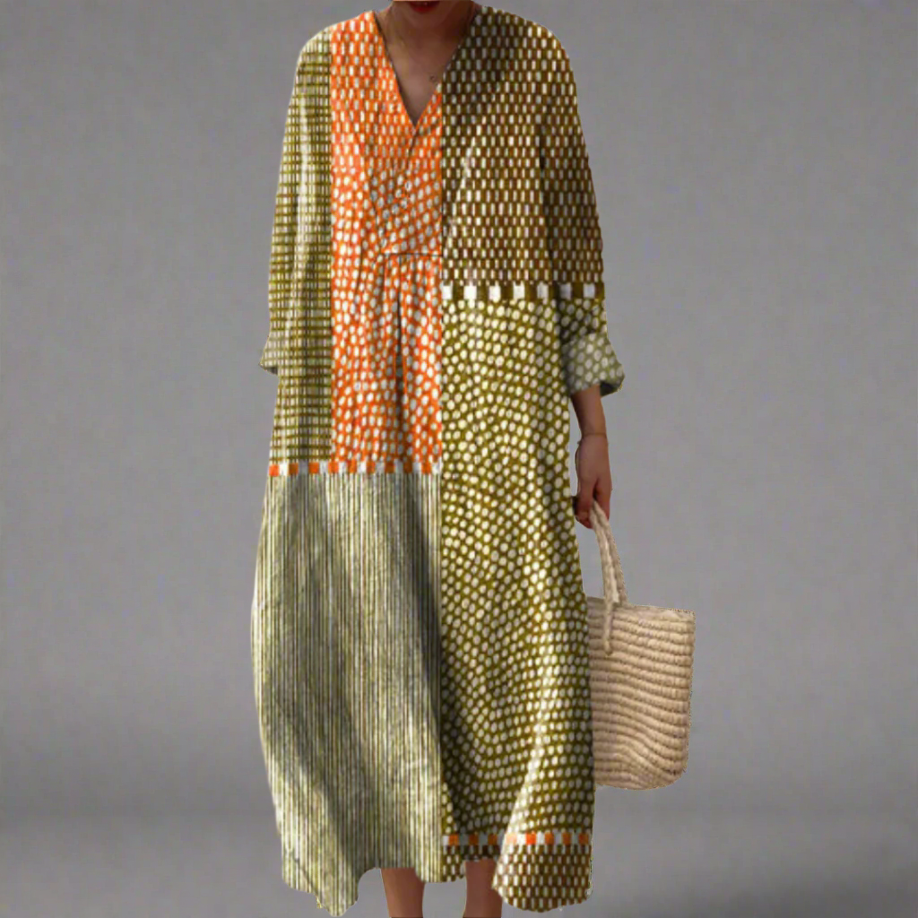 Geometric patterned midi dress with V-neck and three-quarter sleeves, multicolor