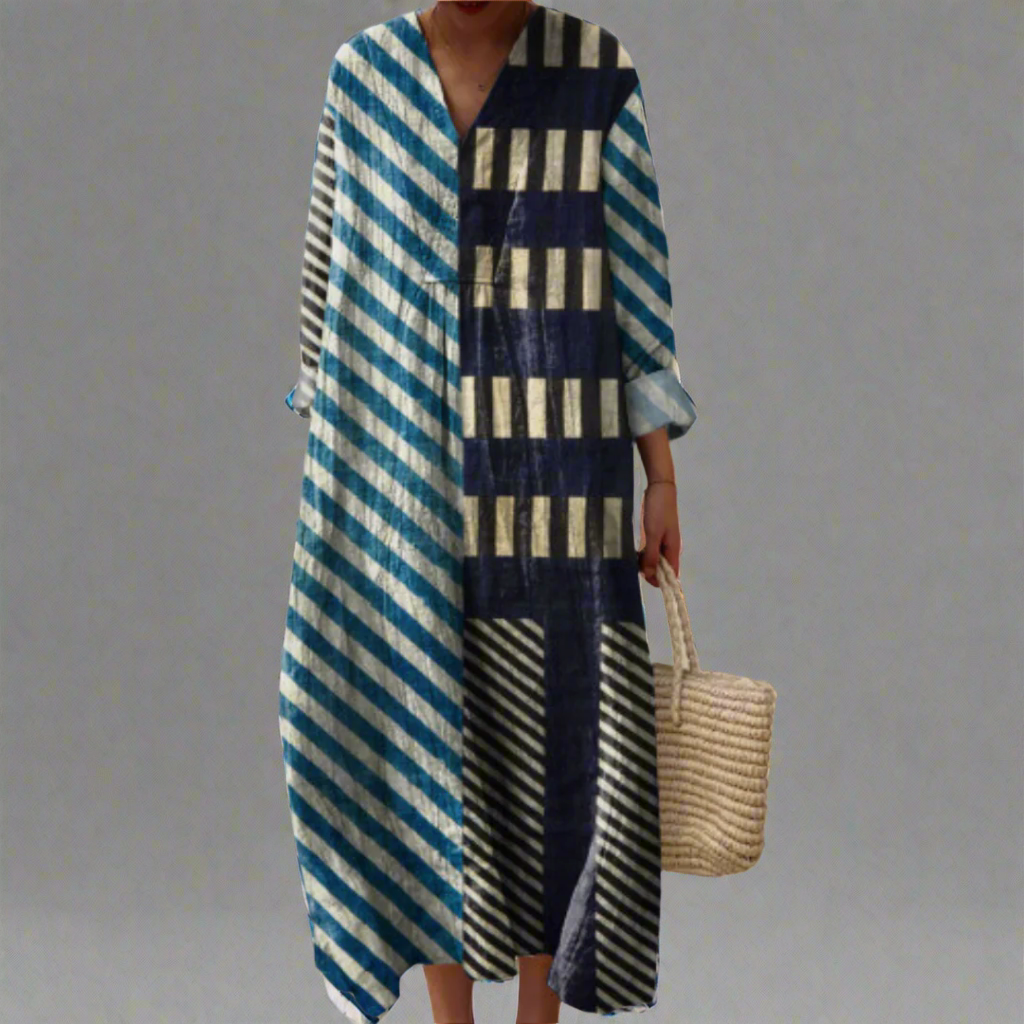 Geometric striped dress with V-neck, long sleeves, navy and blue stripes