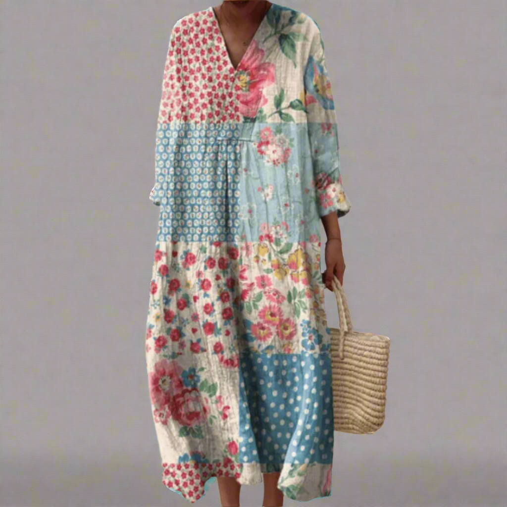 WILLOW elegant geometric dress with V-neck, long sleeves, floral geometric patchwork