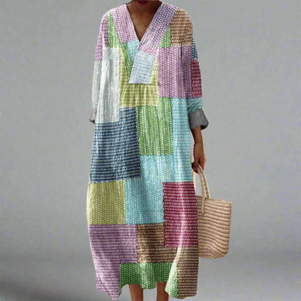 Geometric patchwork dress with V-neck, long sleeves, multicolor blocks