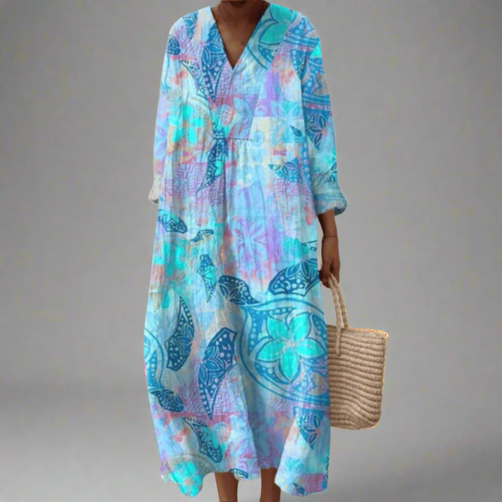 MAEVE elegant geometric dress in light blue with V-neck, long sleeves, and flowing maxi cut