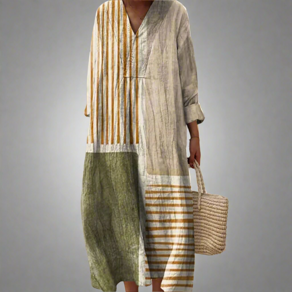 Geometric pattern dress with V-neck, long sleeves, olive and beige striped panels