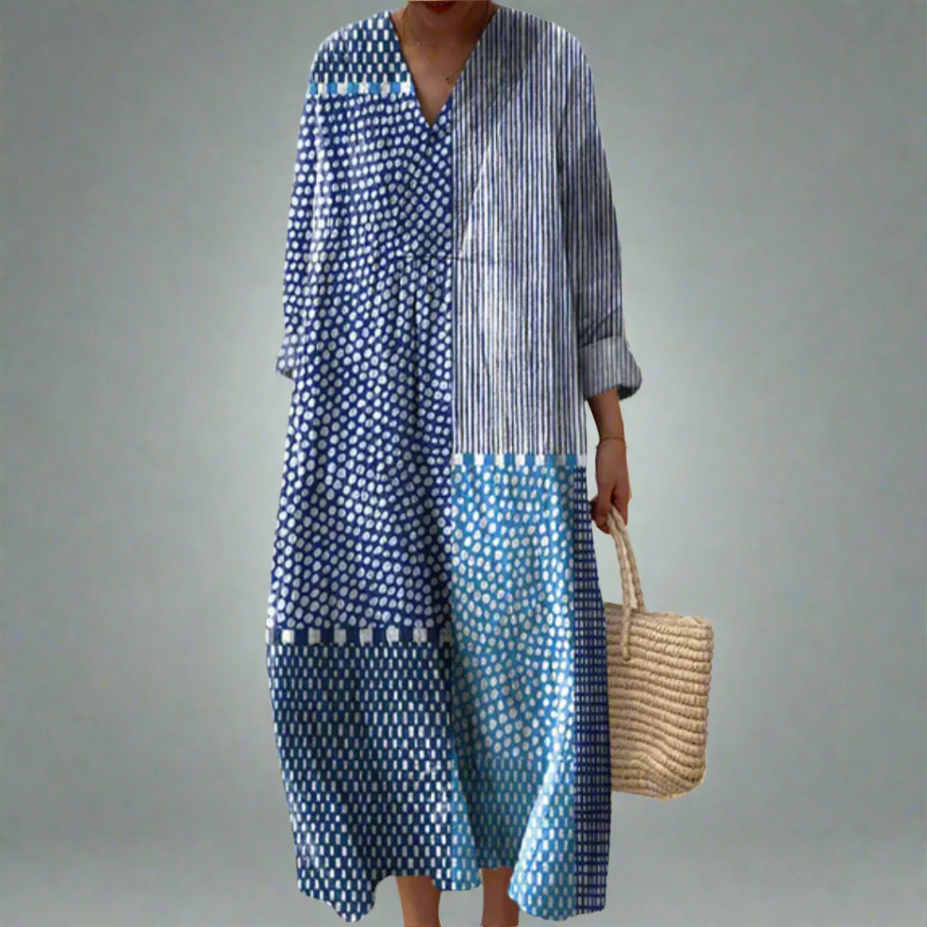Geometric V-neck button-front dress with long sleeves, blue mosaic and stripe panels