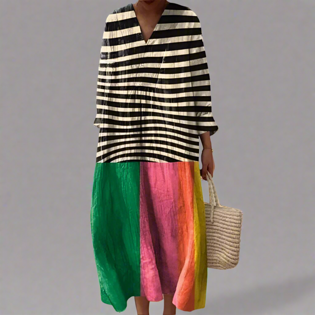 Geometric dress with black-and-cream stripes and multicolor striped skirt