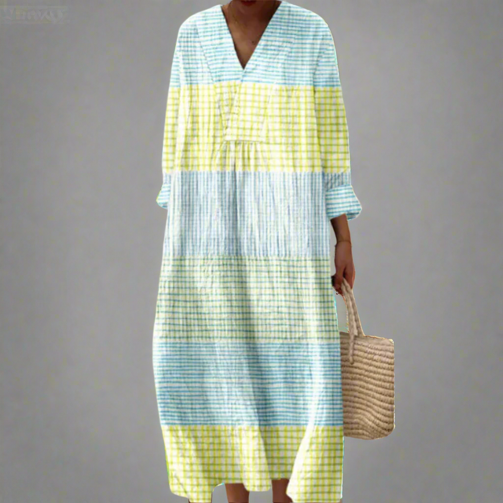 Geometric tiered dress with V-neck, long sleeves, blue and yellow plaid stripes