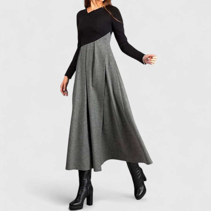 Pleated contrast maxi dress, black bodice with gray flared skirt and long sleeves