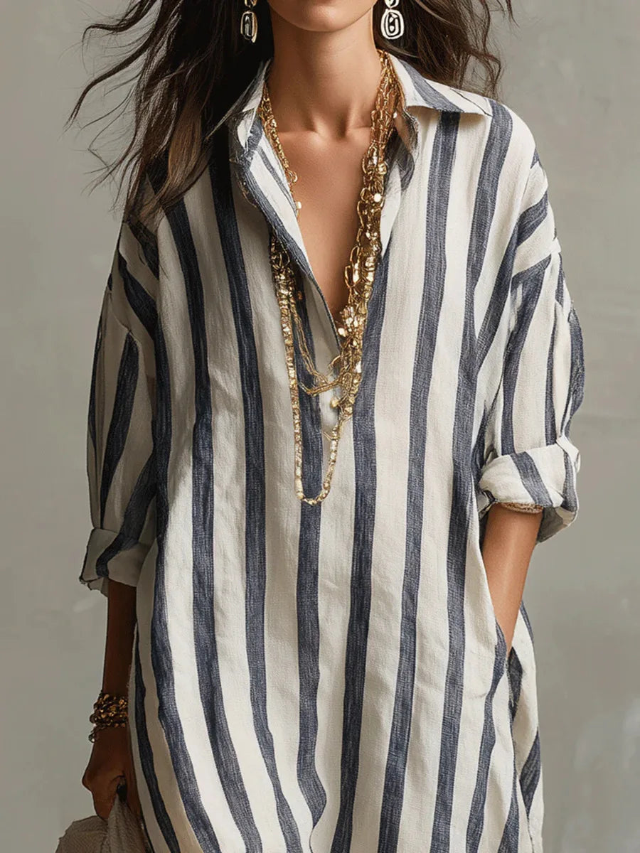 Striped linen-blend shirt dress, blue vertical stripes, open collared neckline, ¾ sleeves