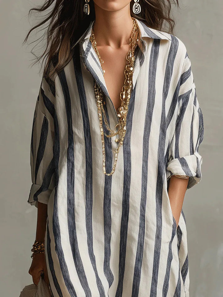 Striped linen-blend shirt dress, blue vertical stripes, open collared neckline, ¾ sleeves