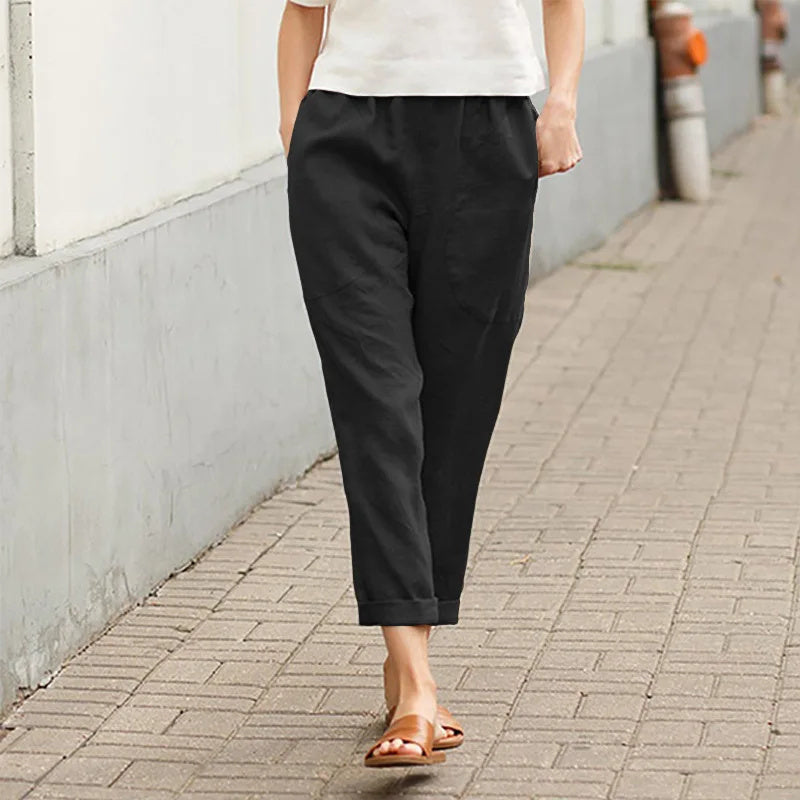 Black casual tapered pants, ankle length, elastic waistband, side pockets