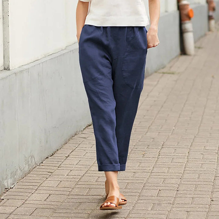 Navy casual tapered pants, ankle length, elastic waistband, side pockets