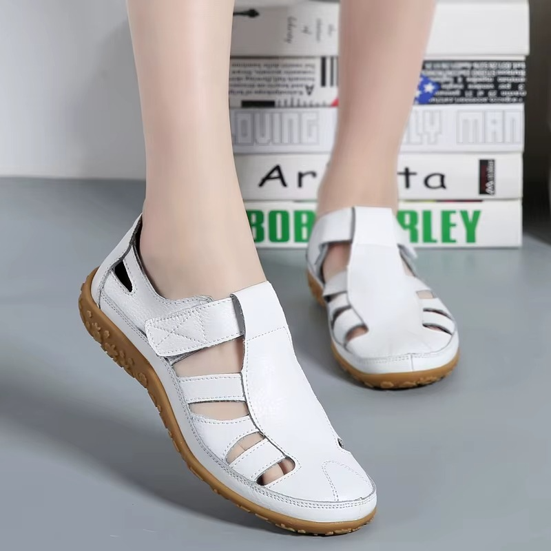 Orthopedic anti-slip sandals, white with side cutouts and cushioned tan rubber sole