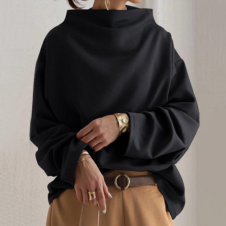 Black minimal high-neck sweater with long sleeves and relaxed drape