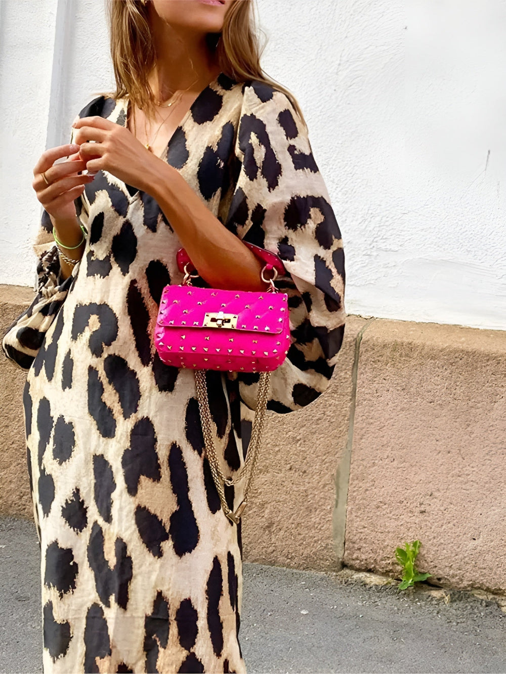 Leopard print V-neck midi dress with loose long sleeves
