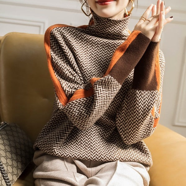 Contrast stripe turtleneck sweater, zigzag knit with orange trim at cuffs and shoulders