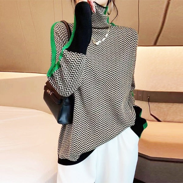 Contrast stripe turtleneck sweater, zigzag knit with green trim and long sleeves