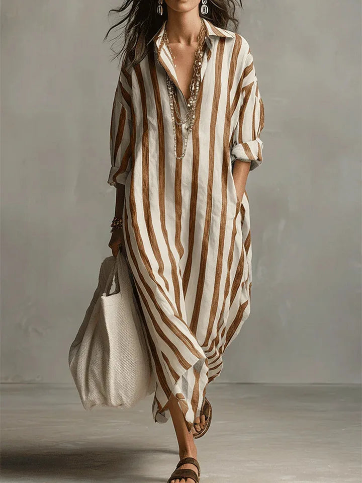 Striped linen-blend shirt dress, earthy yellow vertical stripes, collared button-front, ¾ sleeves