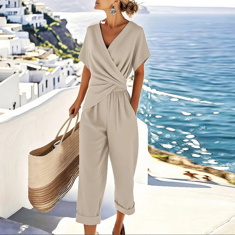 Cream wrap top and wide-leg trousers set, V-neck with waist tie detail