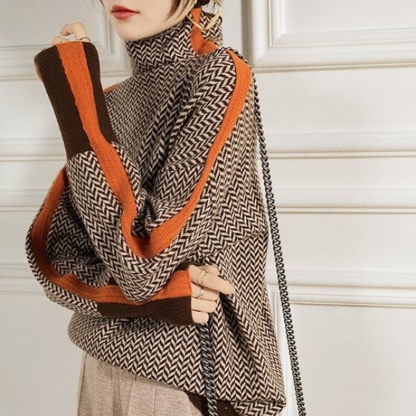 Contrast stripe turtleneck sweater, zigzag pattern with orange trim and high neckline
