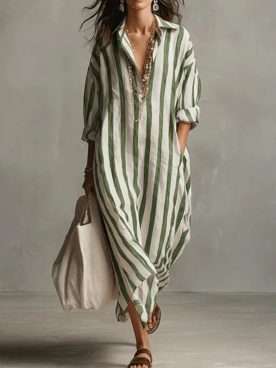 Striped linen-blend shirt dress, green vertical stripes, collared button-front, ¾ sleeves