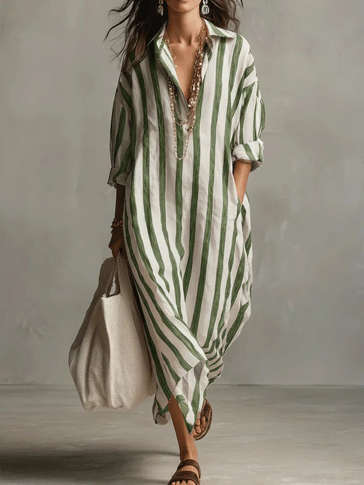 Striped linen-blend shirt dress, green vertical stripes, collared button-front, ¾ sleeves