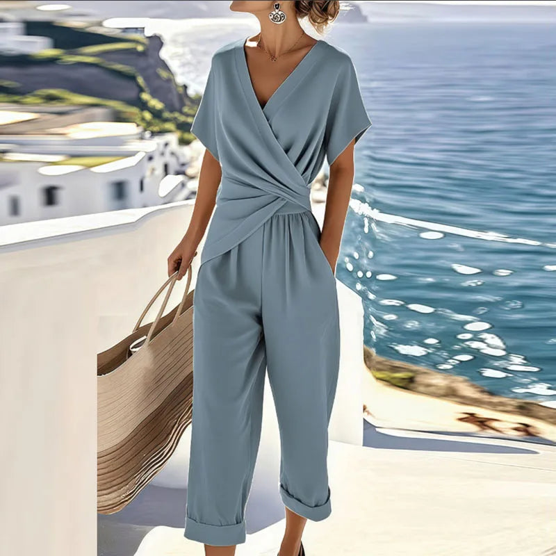 Blue wrap top and wide-leg trousers set, V-neck crossover and waist knot