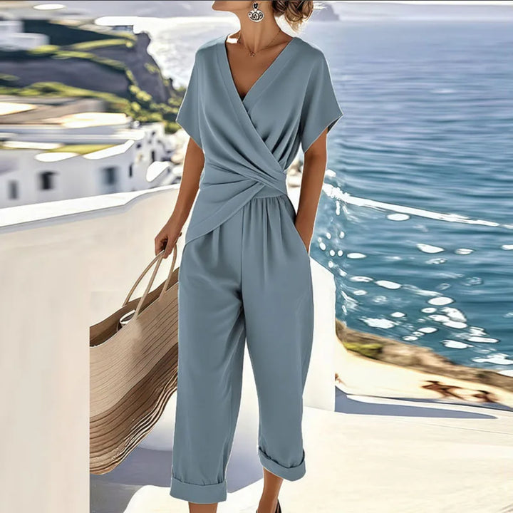 Blue wrap top and wide-leg trousers set, V-neck crossover and waist knot