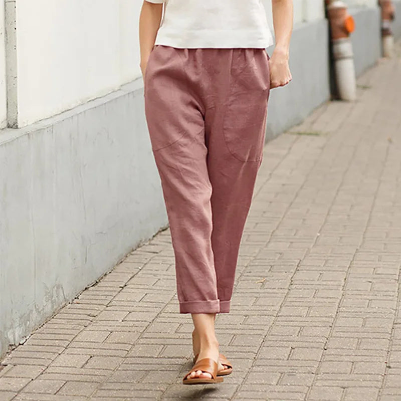 Dusty pink casual tapered pants, ankle length, elastic waistband, side pockets