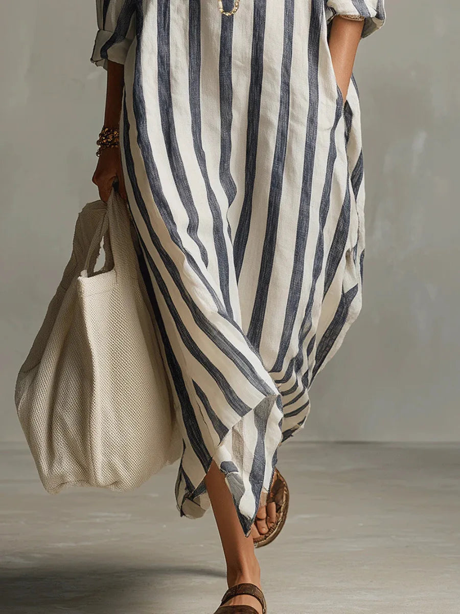 Striped linen-blend shirt dress, blue vertical stripes, collared button-front, draped side hem